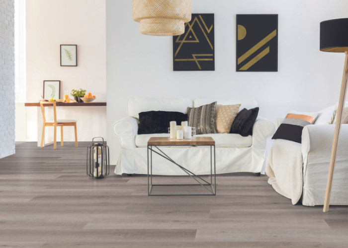 Luxury vinyl plank flooring in a modern living room.